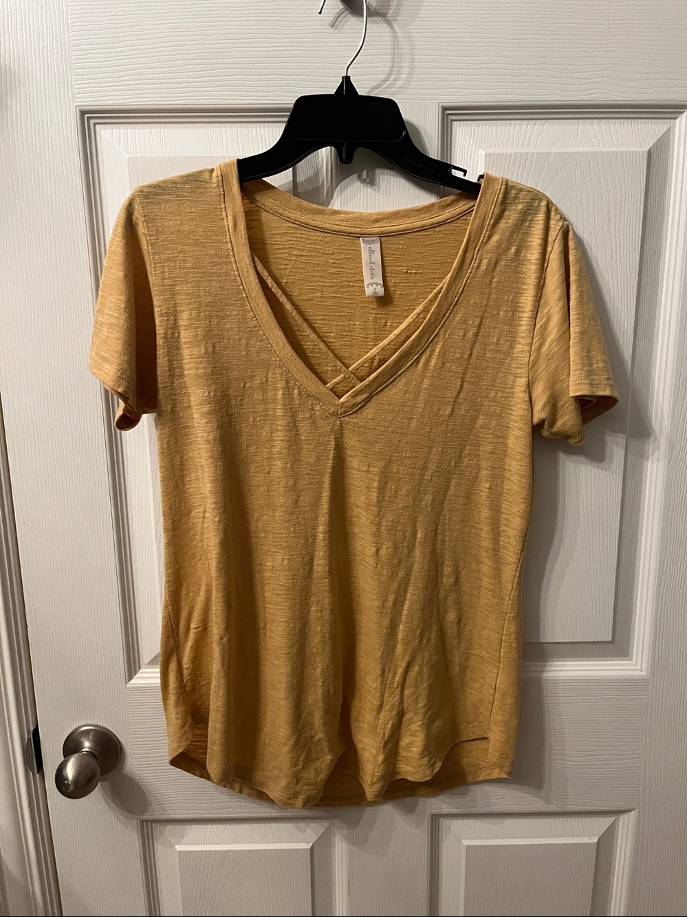 Altar'd State Mustard V-Neck Short Sleeve Top with Crisscross Detail
